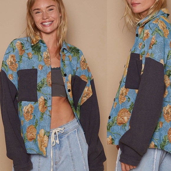 447. POL LAST 1! Shacket Shirt tapestry Oversized Blue Jacquard Floral tapestry - Picture 1 of 5